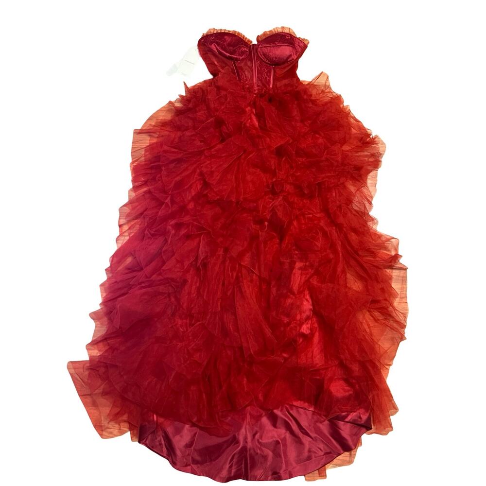 LOVELIULIU66 Womens Red Ruffle Tulle Strapless Ball Gown Dress Size 4 NWT